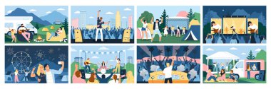 İzole edilmiş vektör illüstrasyonunun dışında müzik bantlarıyla açık hava festivali simgeleri oluşturuldu