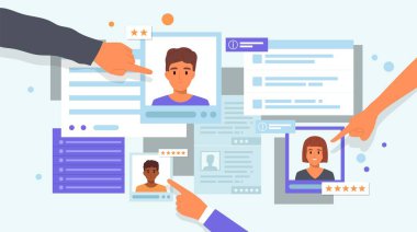 Çalışanların iş adayları, düz konsept oluşturur. Birçok özgeçmiş aynı düzlemde yığılmıştır ve alıcılar aday vektör illüstrasyonunu seçerler.