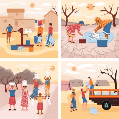 Su kıtlığı 2x2 kare kompozisyon kümesi açık hava manzaraları ve şişe vektör çizimi tutan insan karakterleri