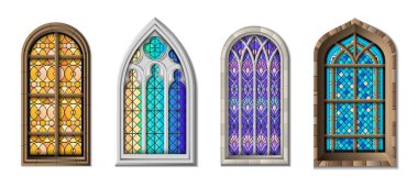 Lekeli cam mozaik kilise tapınağı katedral pencereleri. Dört izole edilmiş antik tarz pencere çizimi gerçekçi.