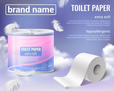 Tuvalet kağıdı mutfak havluları, düzenlenebilir metin uçan tüyler paketi ve bulutlu vektör illüstrasyonlu gerçekçi reklam arkaplanını rulo haline getiriyor.