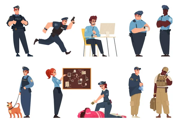 Поліцейські Персонажі Мультиплікаційні Ікони Встановлені Чоловічими Жіночими Офіцерами Ізольовані Векторні — стоковий вектор