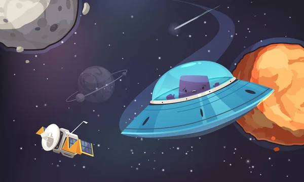 Aliens Cartoon Konzept Mit Monsterwesen Fliegender Untertasse Vektor Illustration — Stockvektor