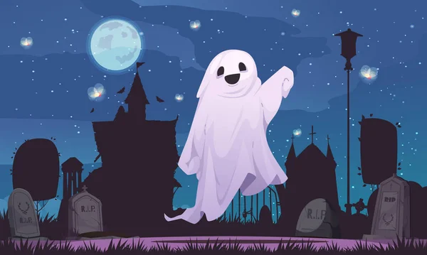 Cartel Dibujos Animados Fantasma Con Cementerio Viejo Noche Ilustración Del — Archivo Imágenes Vectoriales