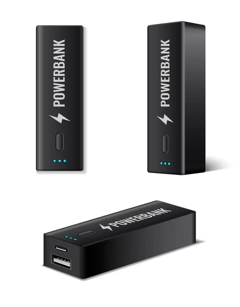 带有黑色充电器设备的Powerbank现实图标集隔离向量示例 — 图库矢量图片