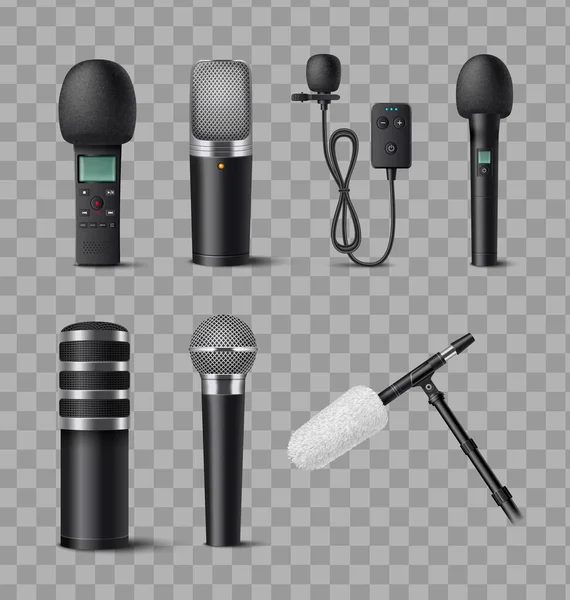Microphones Icônes Réalistes Réglées Avec Des Dispositifs Enregistrement Audio Sur — Image vectorielle