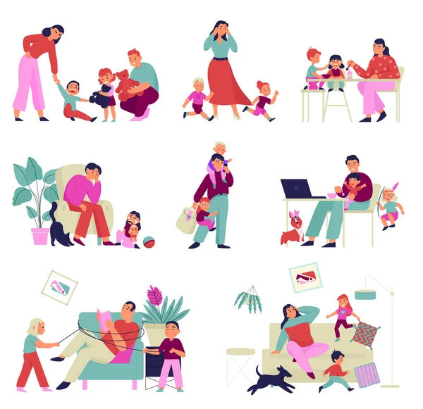 Warna Rata Pengasuhan Stres Diatur Dengan Mums Lelah Dan Ayah - Stok Vektor