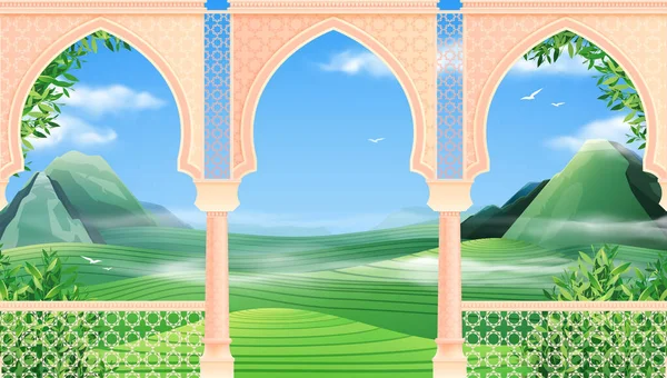 Arcos Orientales Realistas Con Vista Colinas Verdes Del Valle Ilustración — Archivo Imágenes Vectoriales