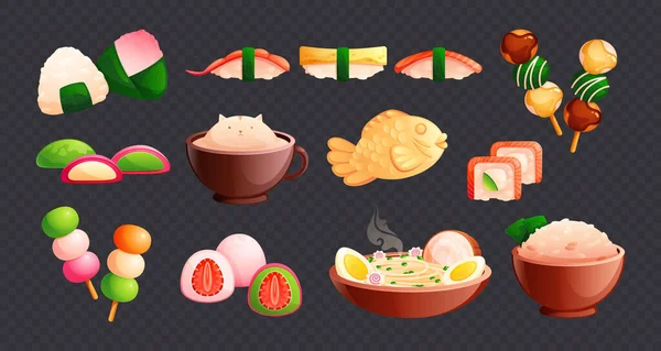 Mignon Asiatique Nourriture Plat Ensemble Avec Onigiri Dango Taiyaki Ramen — Image vectorielle