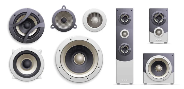 Isometrische Lautsprechersymbole Setzen Einzelne Lautsprecher Und Enthalten Lautsprecher Und Soundsysteme — Stockvektor