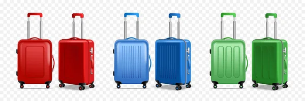 現実的な旅行手荷物透明アイコンセット2つの角度でプラスチックスーツケースの3種類ベクトルイラスト — ストックベクタ