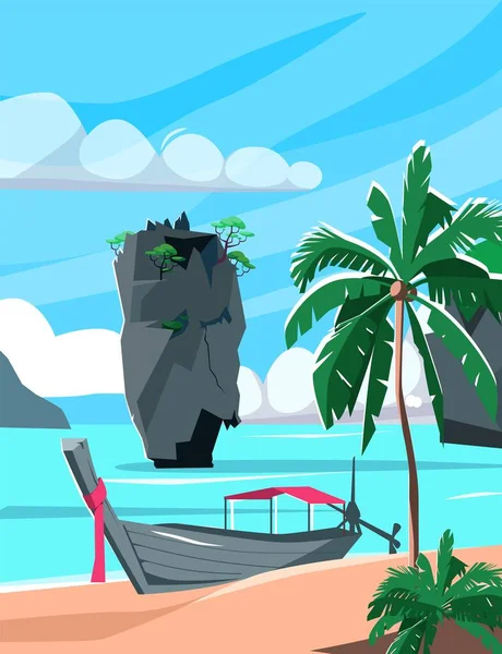 青い空と海のフラットベクトルイラストを背景にカヌーやヤシの木とタイの観光ビーチの休日 — ストックベクタ