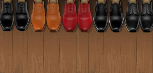 木地板现实背景矢量图上排列成一排的五双彩色男性皮鞋 — 图库矢量图片