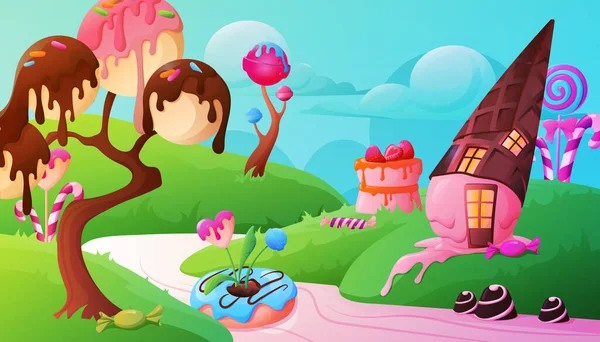 糖果焦糖地景卡通画背景与巧克力糖果棒棒糖甜甜圈病媒图解 — 图库矢量图片