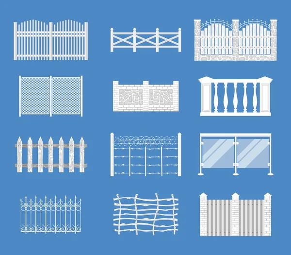 Clôtures Ensemble Plat Icônes Isolées Avec Des Segments Clôture Vintage — Image vectorielle