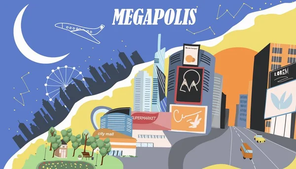 Megapolis Stadt Collage Mit Sport Und Religion Gebäude Symbole Flache — Stockvektor