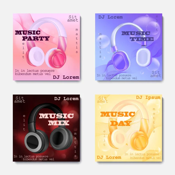 Czas Muzyki Kolorowe Plakaty Klubowe Zestaw Ozdobiony Słuchawki Izolowane Realistyczne — Wektor stockowy