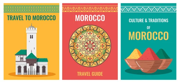Maroko Turistické Cestování Plochý Soubor Tří Vertikálních Plakátů Tradičními Ornamenty — Stockový vektor