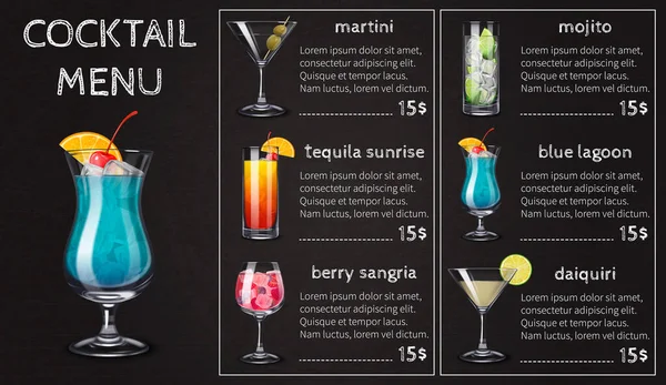 Alkoholgetränke Cocktails Menükomposition Mit Leerem Hintergrund Und Editierbarem Text Mit — Stockvektor