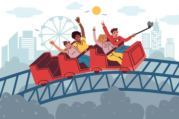 遊園地の建物の風景のシルエットとローラーコースターフラットセットと人々が乗ってベクトルイラスト — ストックベクタ