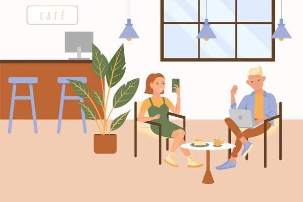 世代屋内カフェの風景と若いカップルがガジェットのベクトルイラストとテーブルに座ってフラット組成 — ストックベクタ