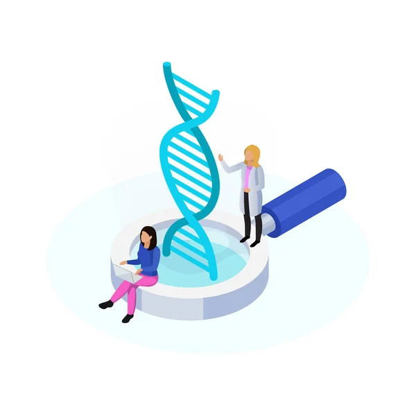 Isometric Nanotechnology Icon Dna Structure Magnifier Two Tiny Characters Scientists — Stock Vector
