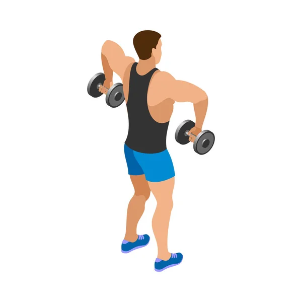 Body Building Isometric Icon Male Athele Doing Workout Dumbbells Vector — Stock Vector