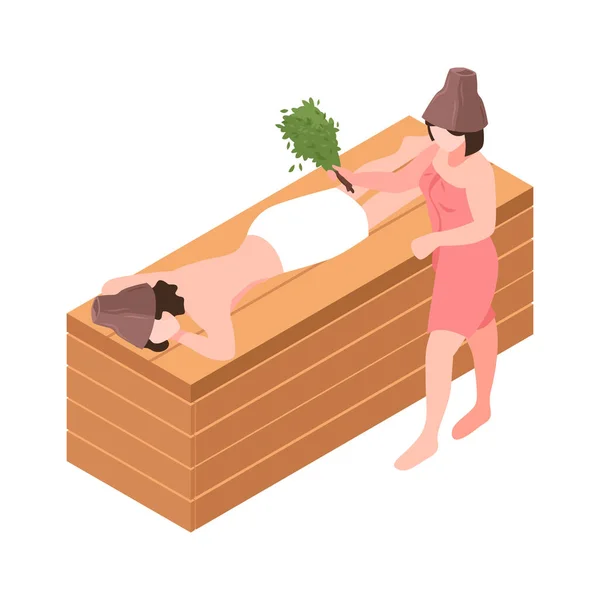 Isometric Bathhouse Icon People Taking Steam Bath Broom Vector Illustration — Stock Vector