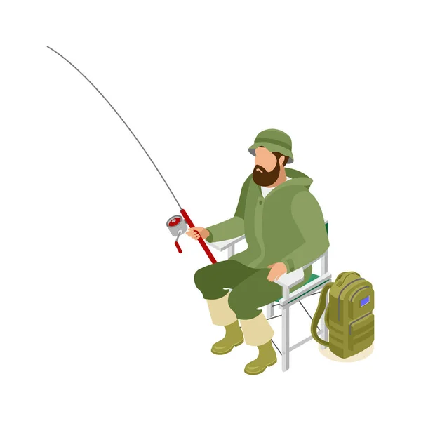 带纺鱼竿和背包捕捞鱼的等距渔民3D矢量图 — 图库矢量图片