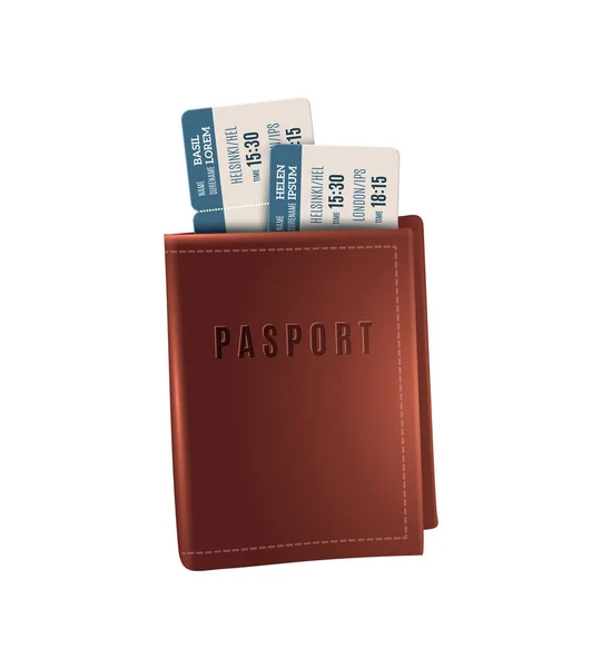 Passaporto Realistico Con Biglietti Aerei Sfondo Bianco Illustrazione Vettoriale — Vettoriale Stock
