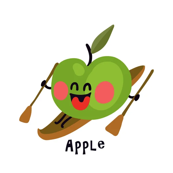 Cute Cheerful Cartoon Green Apple Character Rowing Boat Paddles Vector — Stock Vector