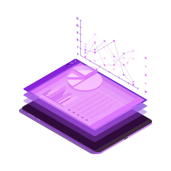 Digital marketing strategy isometric icon with financial charts on tablet screen 3d vector illustration