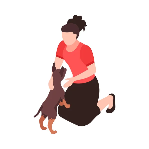 Animal Pet Care Isometric Icon Woman Stroking Little Dog Vector — Stock Vector
