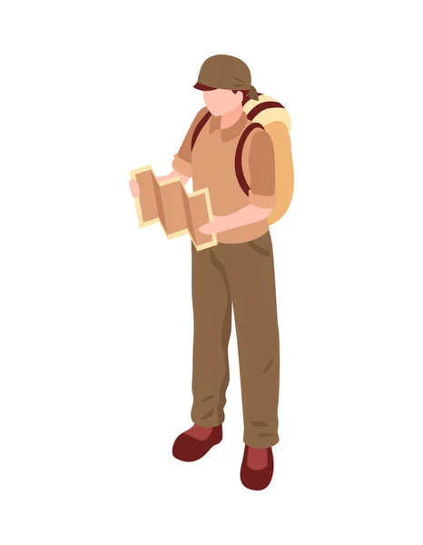 Isometric Male Human Character Hiker Traveller Backpack Map Vector Illustration — Stock Vector