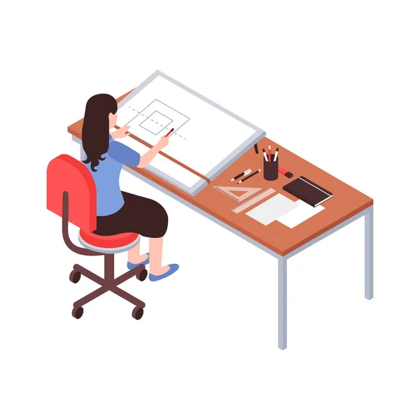 Isometric Female Architect Her Workplace Vector Illustration — Stock Vector