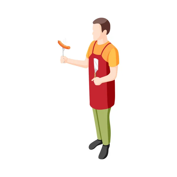 Bbq Party Isometric Icon Man Holding Grilled Sausage Fork Vector — Stock Vector