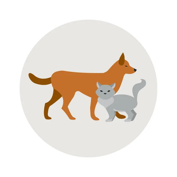 Γάτα Και Σκύλος Γκρι Φόντο Επίπεδη Στρογγυλό Έμβλημα Διανυσματική Απεικόνιση — Διανυσματικό Αρχείο