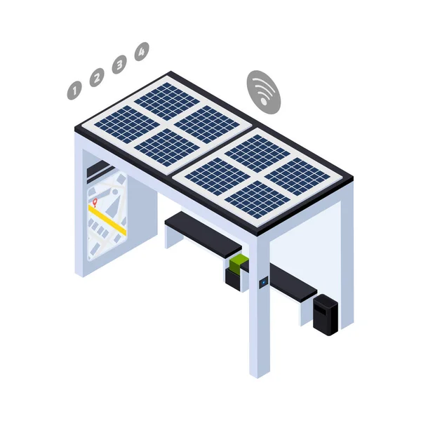 上の3Dベクトル図上の太陽電池パネルによって電力を供給バス停とスマートシティアイソメトリックアイコン — ストックベクタ