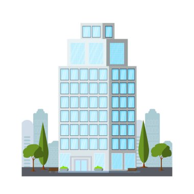 Düz stil vektör illüstrasyonunda modern gökdelen