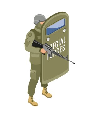 Saldırı tüfeği ve kalkan izometrik çizimi olan askeri özel kuvvetler askeri.