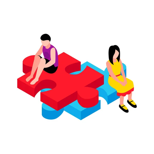 孤独の男の子と女の子と自閉症意識の概念的なアイソメトリックアイコンカラフルなパズルピースベクトルイラストに座っ — ストックベクタ