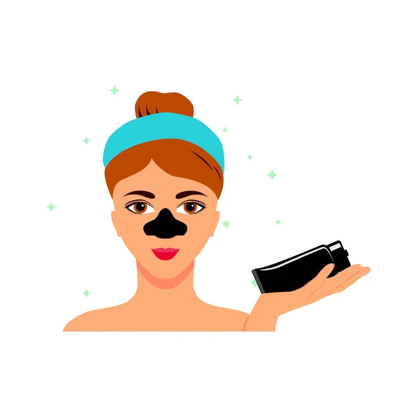 Beauty Procedure Flat Icon Young Woman Applying Charcoal Blackhead Mask — Stock Vector