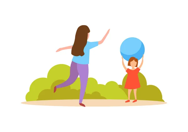 Καλοκαιρινή Οικογενειακή Δραστηριότητα Επίπεδη Έννοια Μαμά Και Κόρη Παίζουν Μπάλα — Διανυσματικό Αρχείο