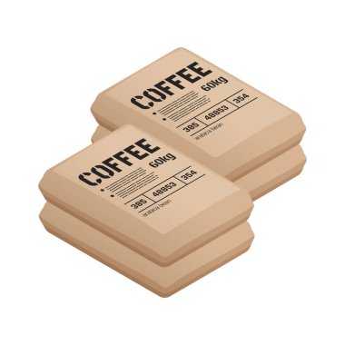 Kahve çekirdeği izometrik ikon vektör illüstrasyonlu çuval yığını