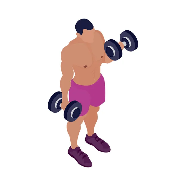 Fit Muscular Man Doing Fitness Training Dumbbells Isometric Vector Illustration — Stock Vector