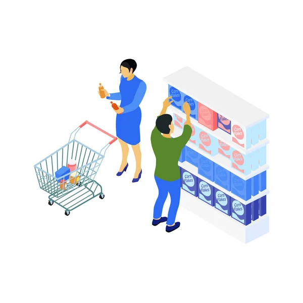 Ізометрична Сім Візком Робить Покупки Супермаркеті Векторні Ілюстрації — стоковий вектор