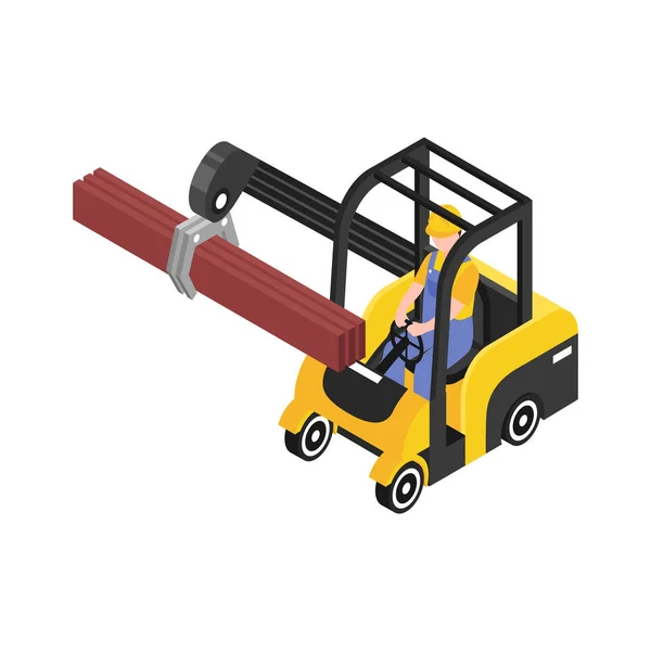 Lumberjack Driving Manipulator Vehicle Carrying Wooden Planks Isometric Icon Vector — Stock Vector