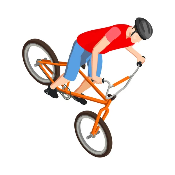 Ciclista Con Cascos Realizando Trucos Bicicleta Ilustración Vectorial Isométrica — Archivo Imágenes Vectoriales