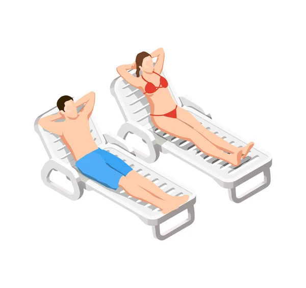 Ícone Isométrico Férias Verão Com Homem Mulher Relaxando Praia Lounges — Vetor de Stock