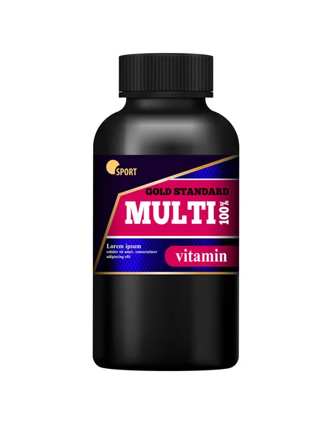 Realistische Zwarte Sport Voeding Vitaminen Fles Witte Achtergrond Vector Illustratie — Stockvector